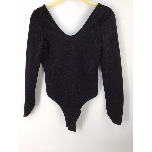 Zara Metall Bodysuit Top Black Shimmery Sparkly Long Sleeve Size Small - Picture 4 of 12